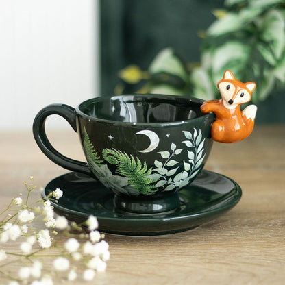 Green Forest Teacup with Fox And Saucer