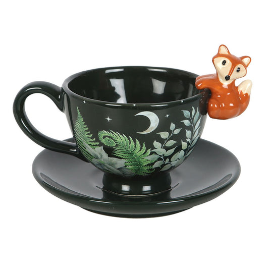 Green Forest Teacup with Fox And Saucer