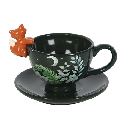 Green Forest Teacup with Fox And Saucer