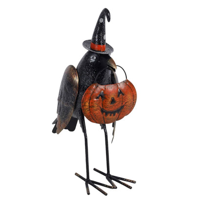 Metal Glitter Raven Ornament with Pumpkin