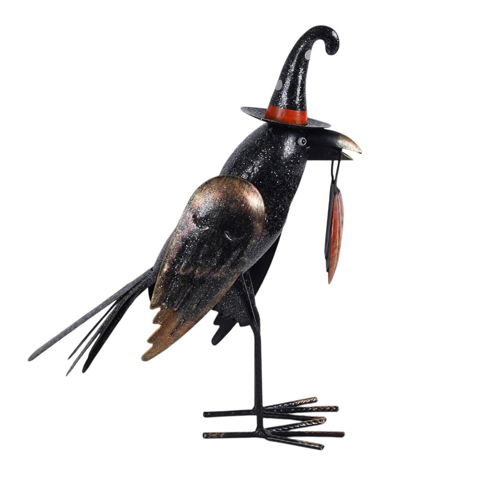 Metal Glitter Raven Ornament with Pumpkin