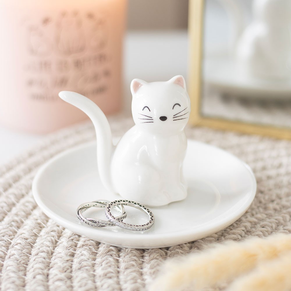 Sitting White Cat Trinket Dish
