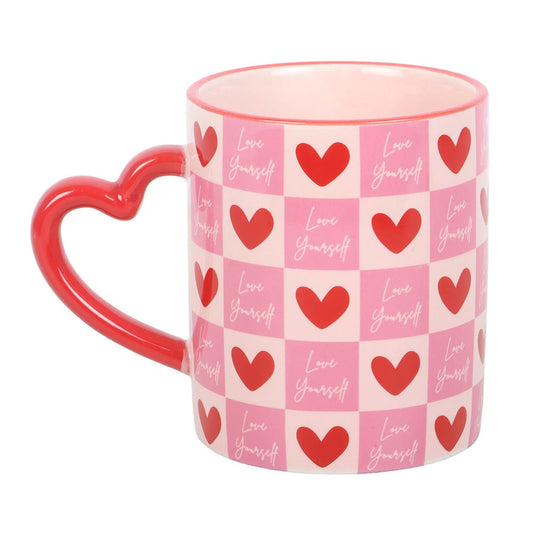 Love Yourself Checkered Mug with Heart Handle