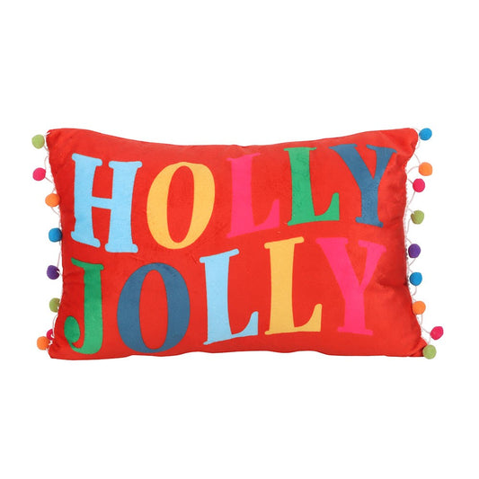 Red Holly Jolly Cushion with Pom Poms 40cm