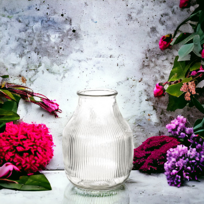 Clear Glass Ribbed Bulbous Vase