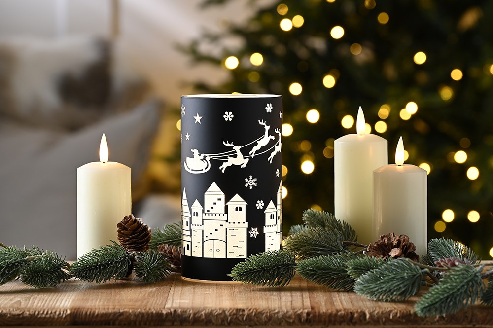 Black Glass Tealight Holder with Sleigh Scene