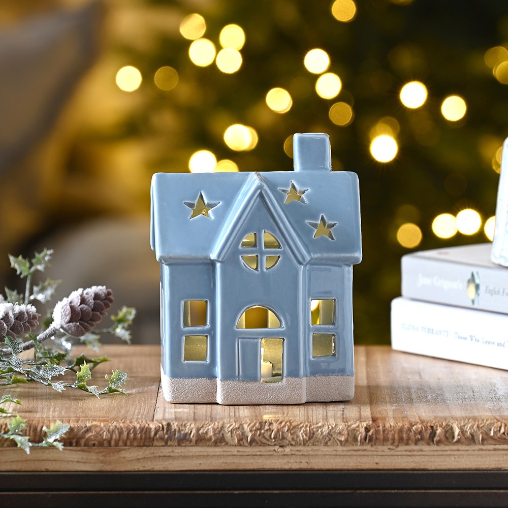 Blue Ceramic House Light Up Decoration