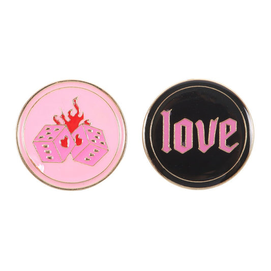 Flaming Dice and Love Pin Badge Set