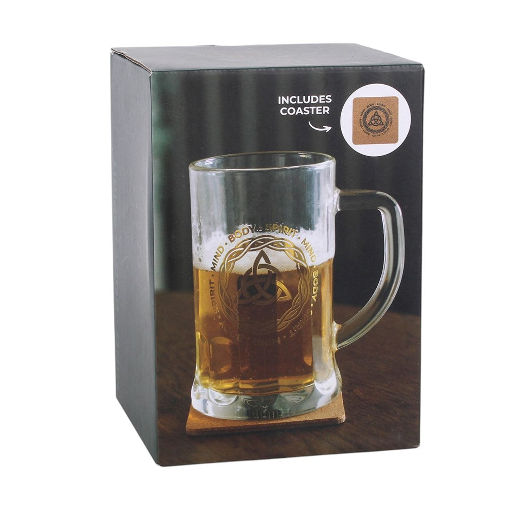 Celtic Triquetra Knot Glass Beer Tankard with Coaster