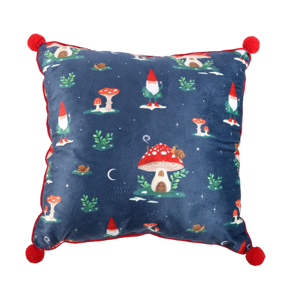 Gnome Print Square Cushion with Pom Poms