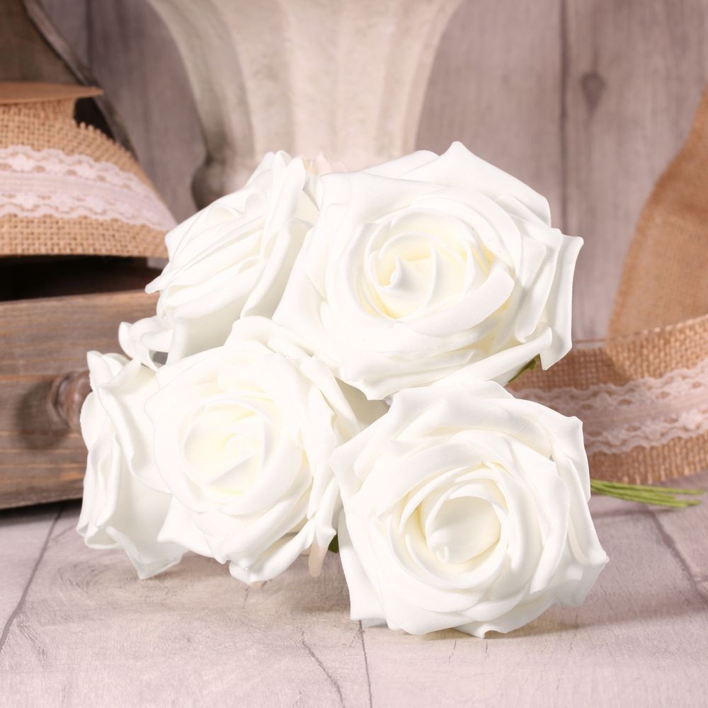 Bunch of 5 Foam Tea Roses - Bright White