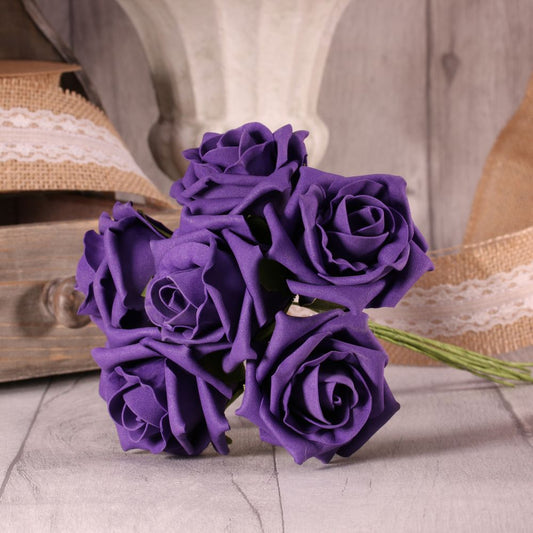 Bunch of 6 Foam Open Tea Roses - Purple