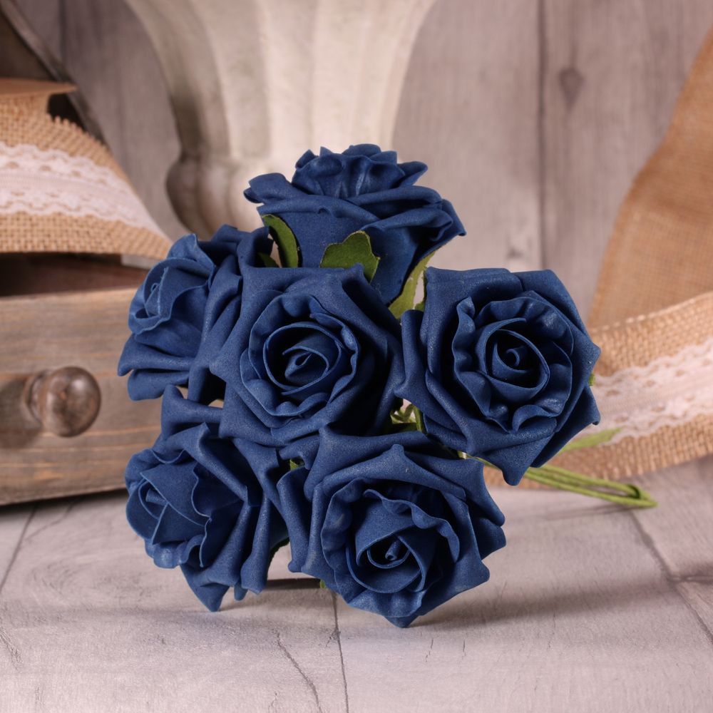 Bunch of 6 Foam Open Tea Roses - Navy Blue