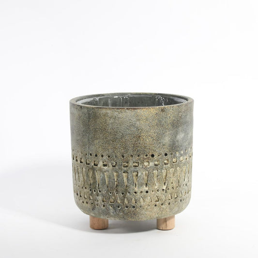 Aztec Cement Pot on Feet (14cm)