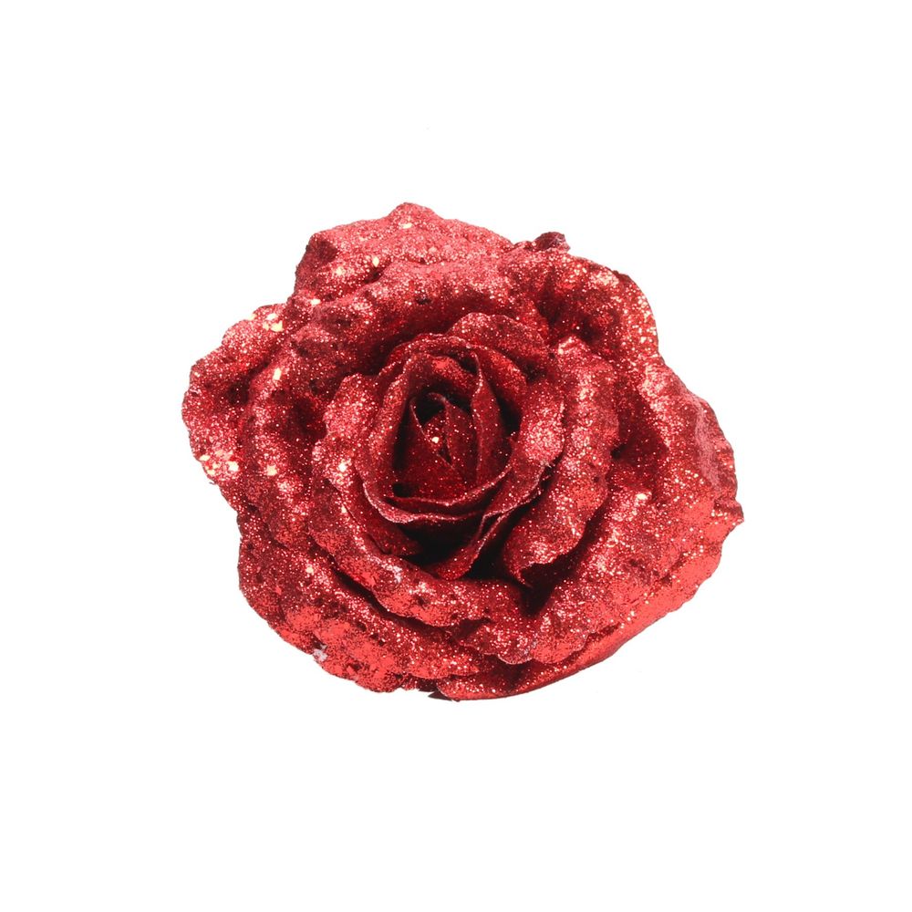 Artificial Glitter Rose Head With Clip - Red