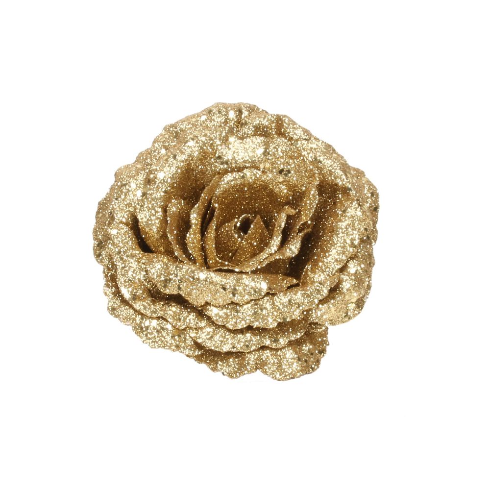 Artificial Glitter Rose Head With Clip - Gold