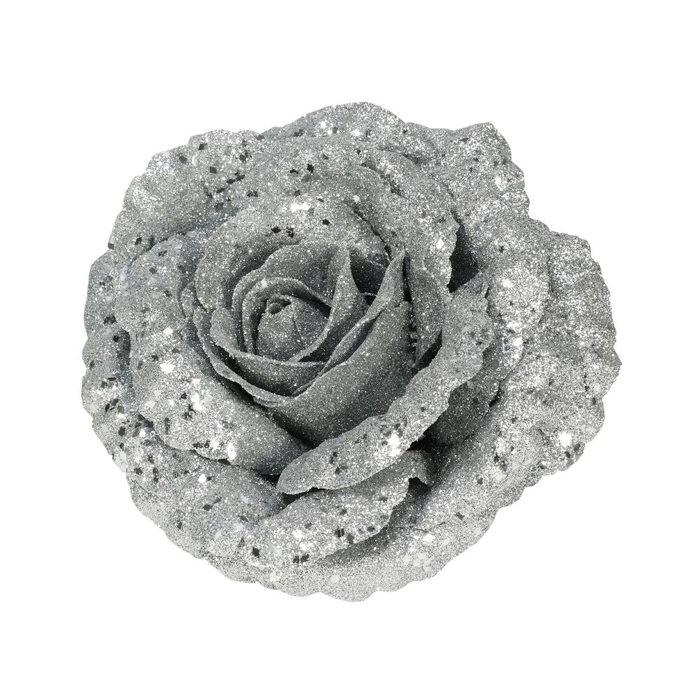 Artificial Glitter Rose Head With Clip - Silver