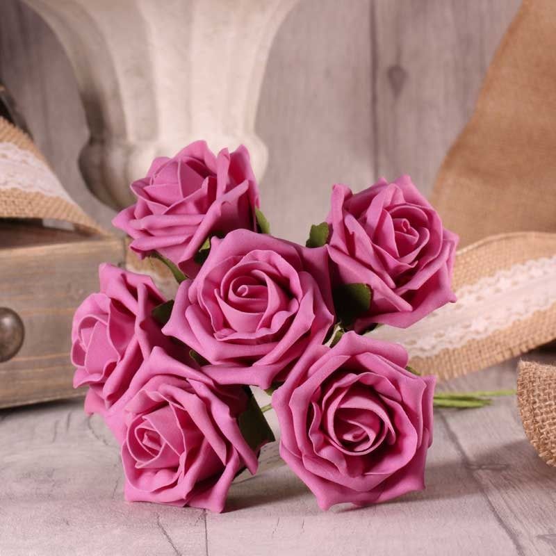 Bunch of 6 Foam Open Tea Roses - Cerise