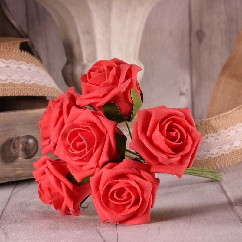 Bunch of 6 Foam Open Tea Roses - Coral