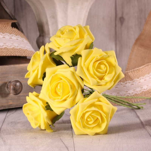 Bunch of 6 Foam Open Tea Roses - Lemon