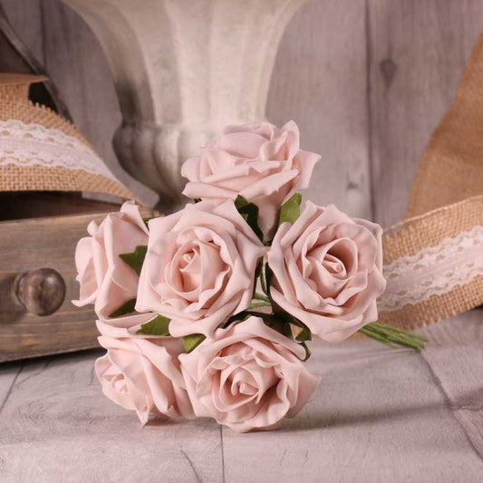 Bunch of 6 Foam Open Tea Roses - Light Pink