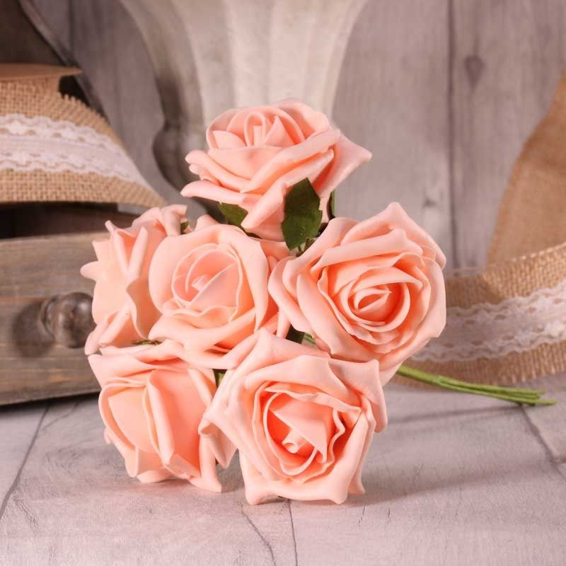 Bunch of 6 Foam Open Tea Roses - Soft Peach