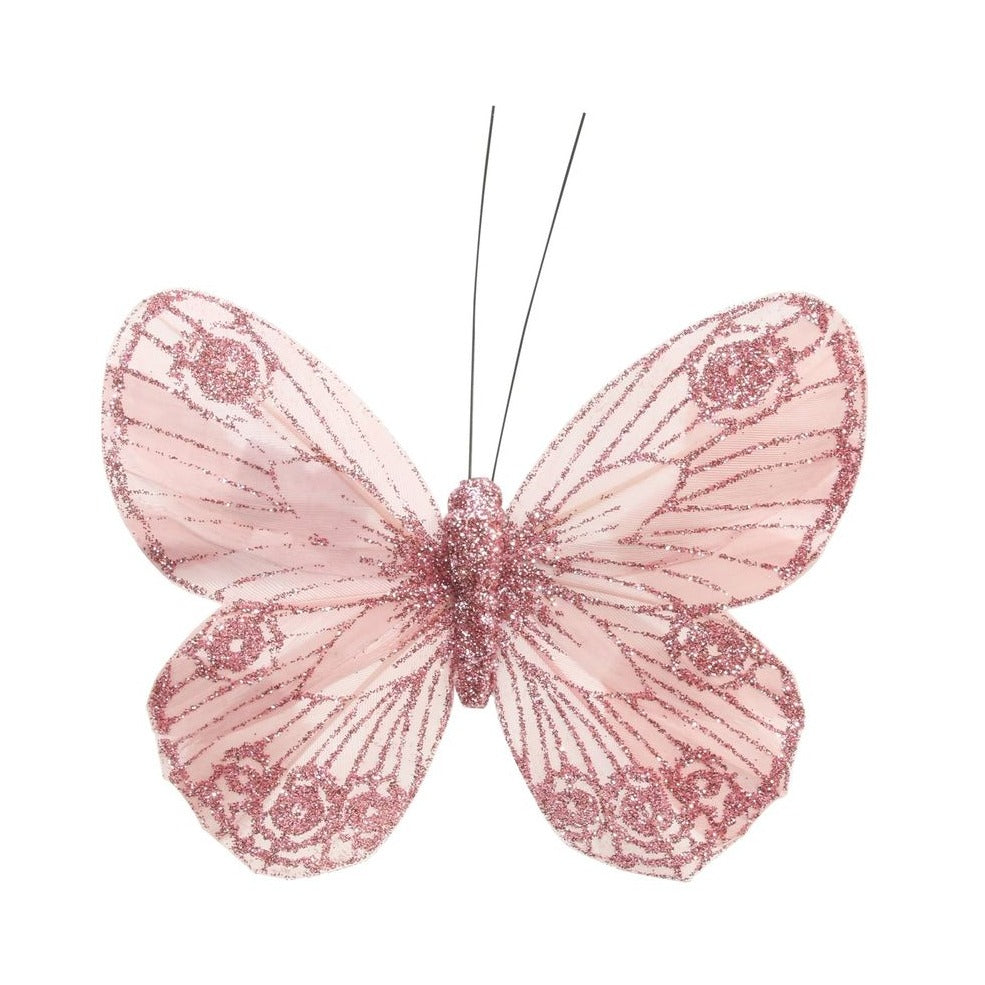 Baby Pink Feather & Glitter Butterfly 12 cm  (Pack of 12)