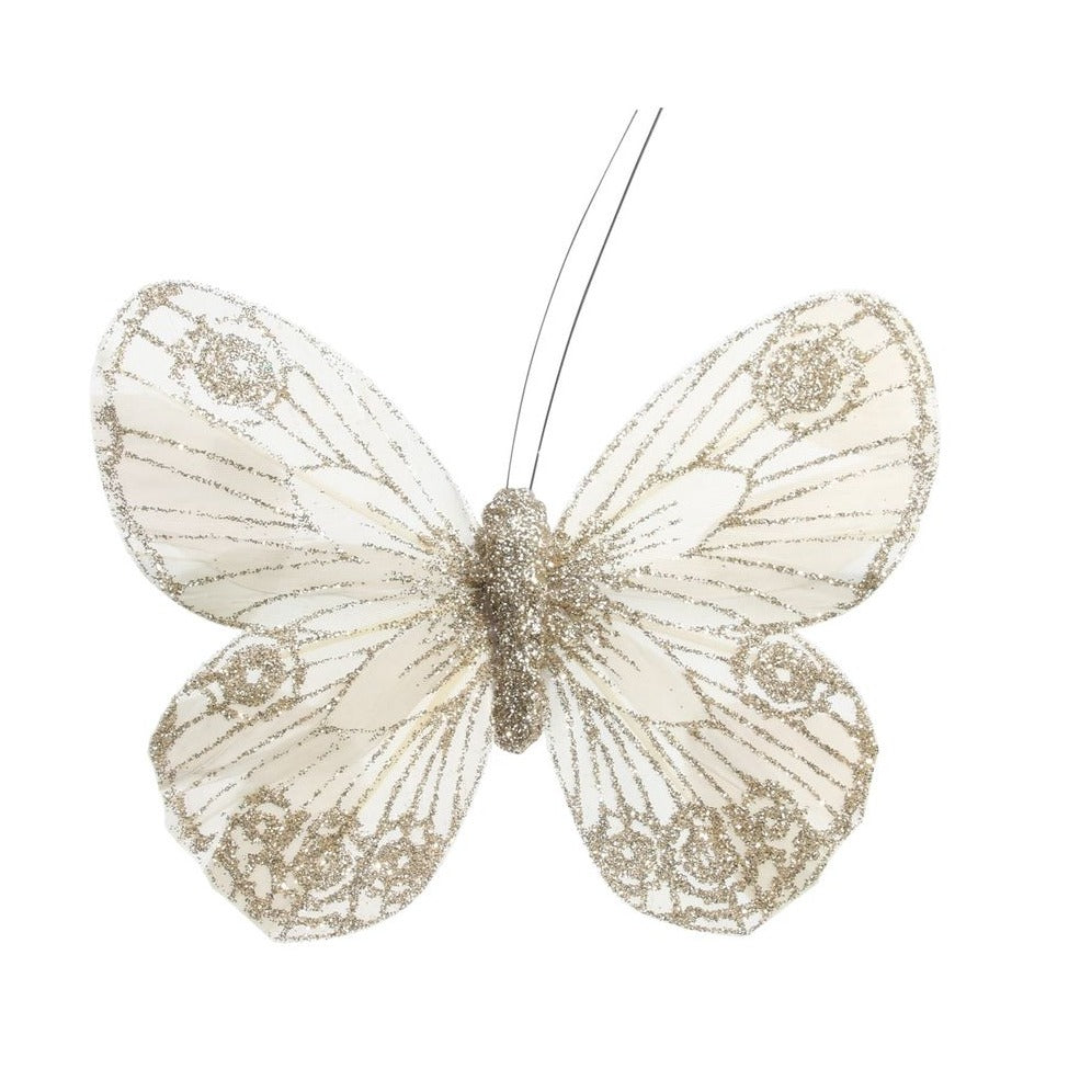 Cream Gold Feather & Glitter Butterfly 12 cm  (Pack of 12)