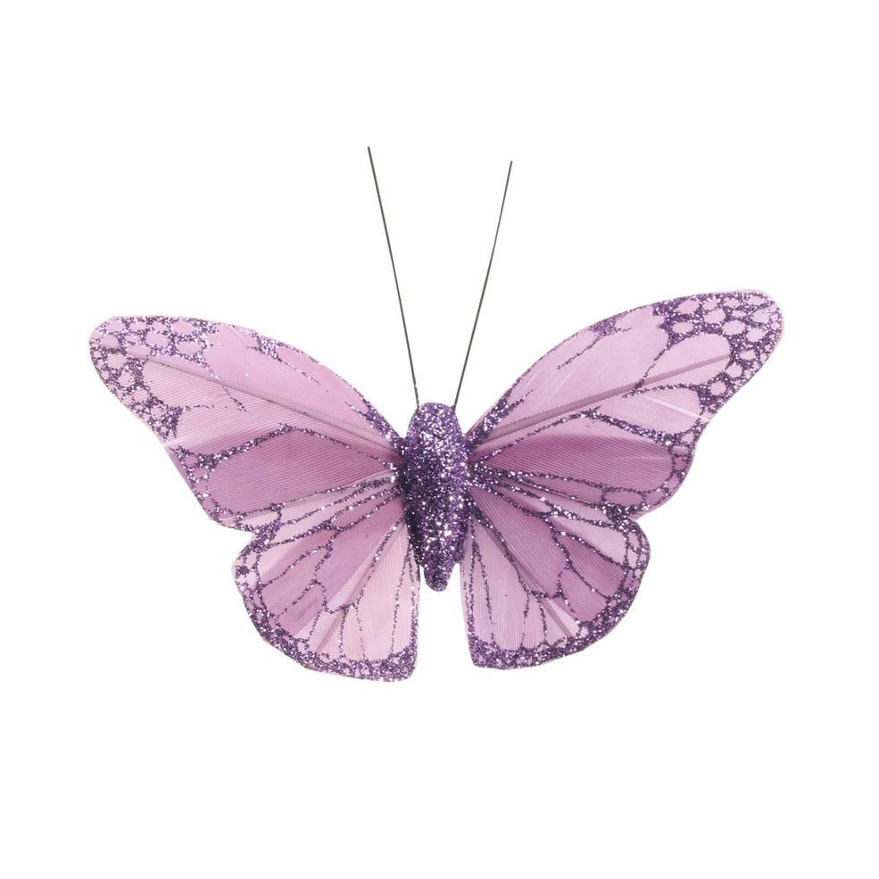 Lavender Feather & Glitter Butterfly 8 cm  (Pack of 12)