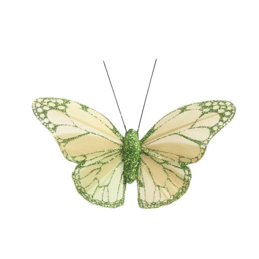 Green Feather & Glitter Butterfly 8 cm  (Pack of 12)