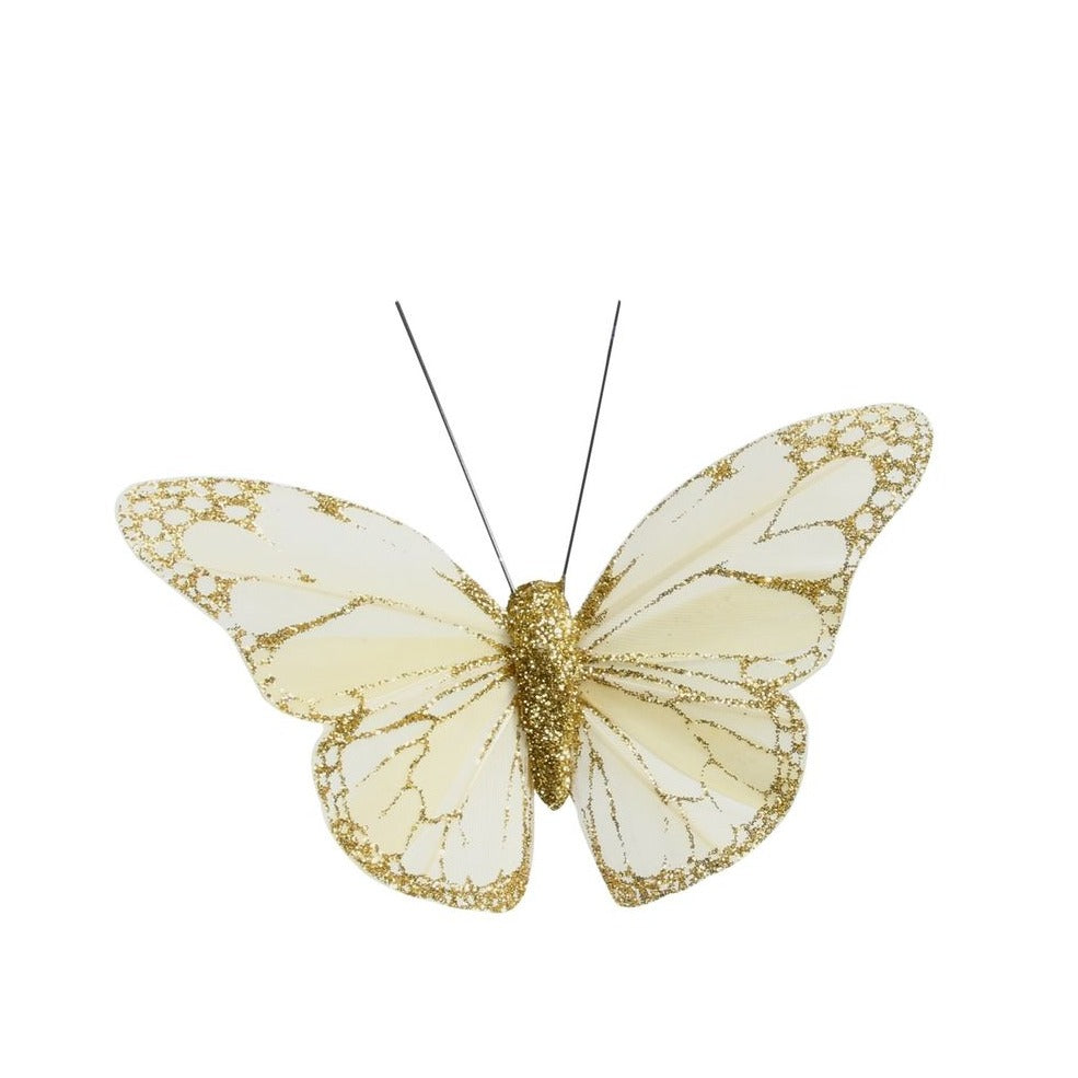 Gold Feather & Glitter Butterfly 8 cm  (Pack of 12)