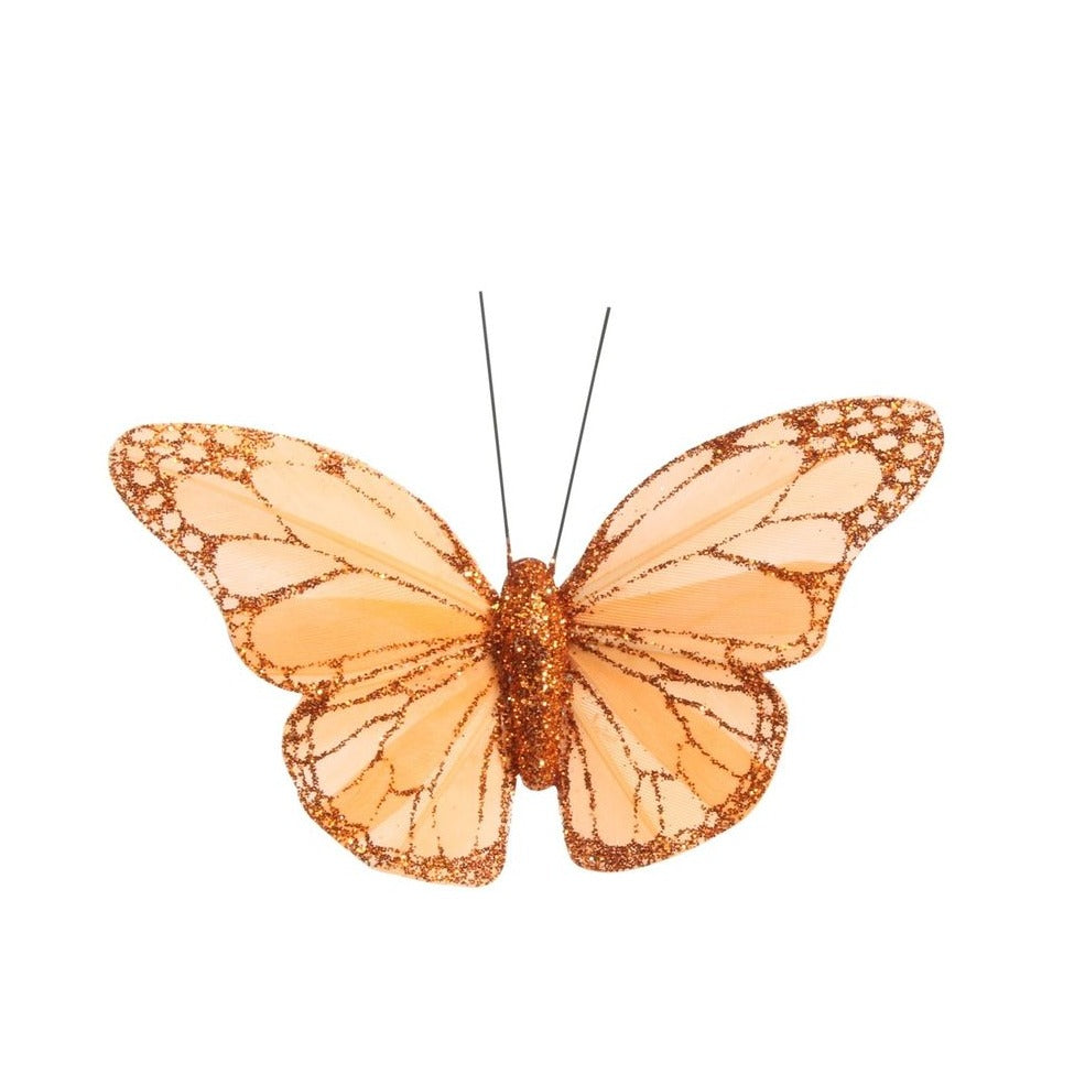 Orange Feather & Glitter Butterfly 8 cm  (Pack of 12)