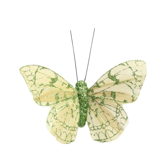 Apple Green Feather & Glitter Butterfly 8 cm  (Pack of 12)