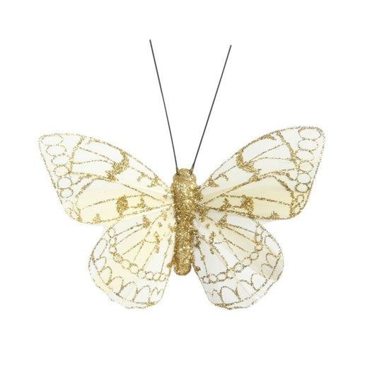 Cream/Gold Feather & Glitter Butterfly 8 cm  (Pack of 12)