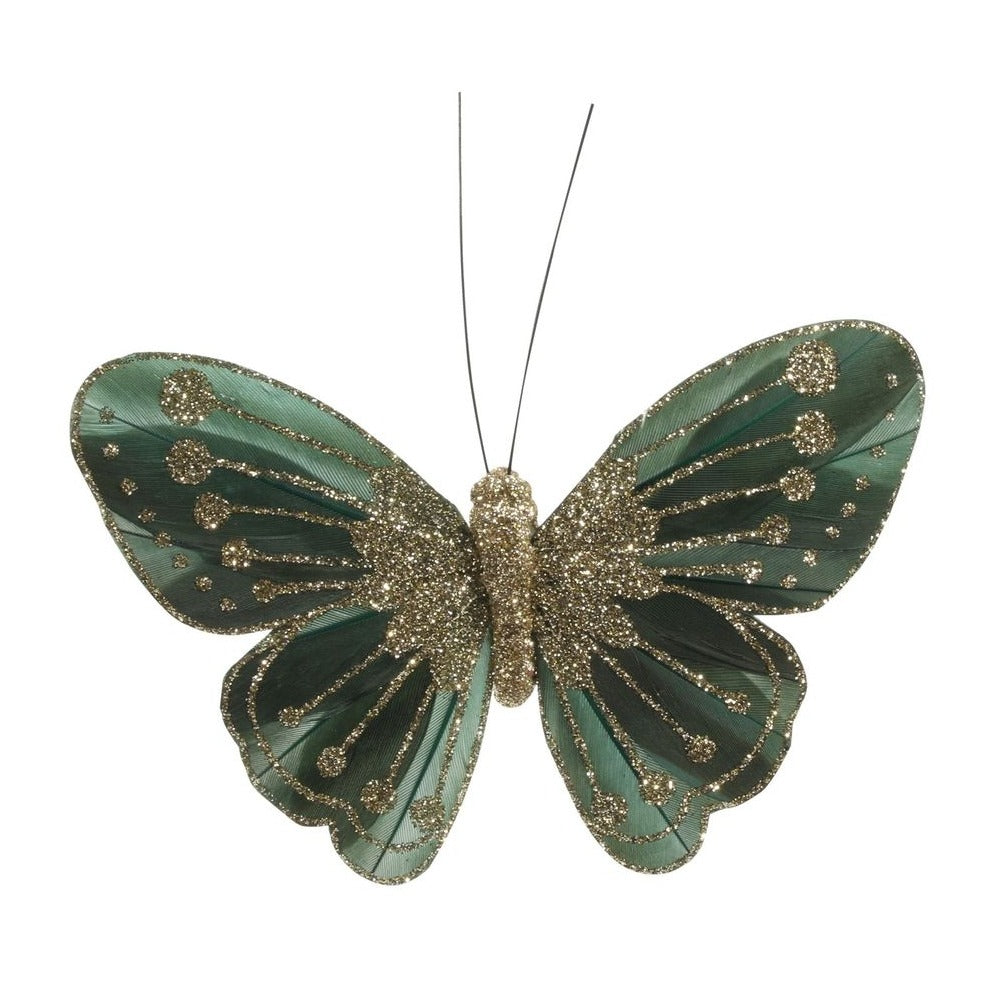 Forest Green Feather & Glitter Butterfly (Pack of 12)