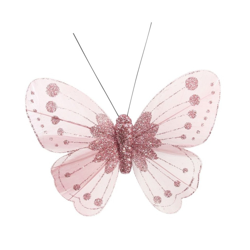 Light Pink Feather & Glitter Butterfly (Pack of 12)