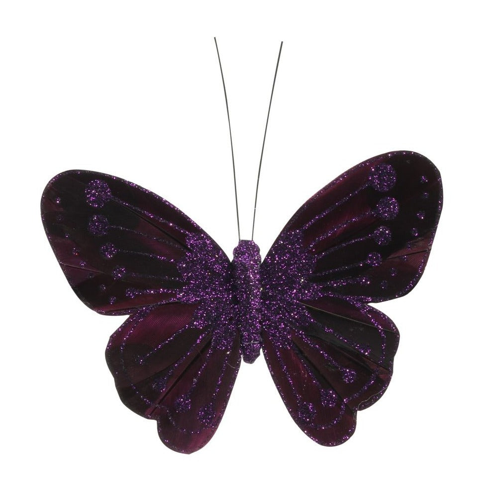 Dark Purple Feather & Glitter Butterfly (Pack of 12)