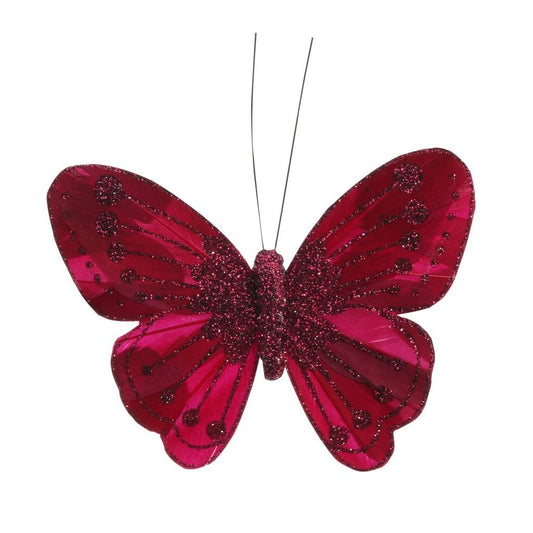 Burgundy Feather & Glitter Butterfly (Pack of 12) 11.5 cm