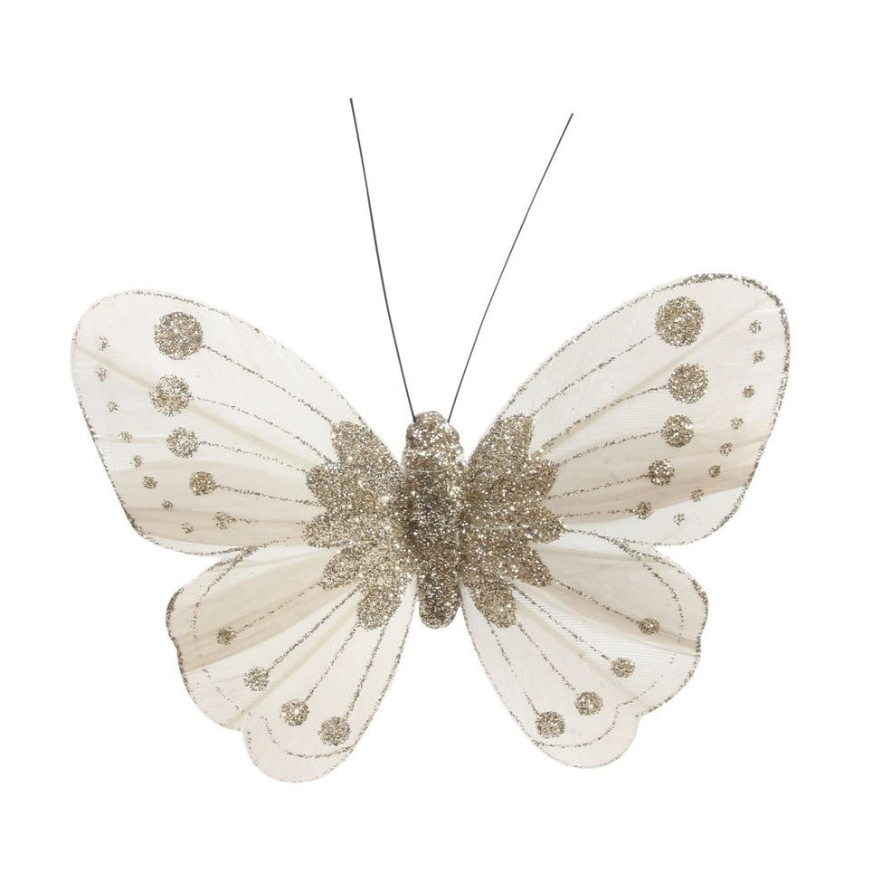 Ivory/Gold Feather & Glitter Butterfly (Pack of 12)