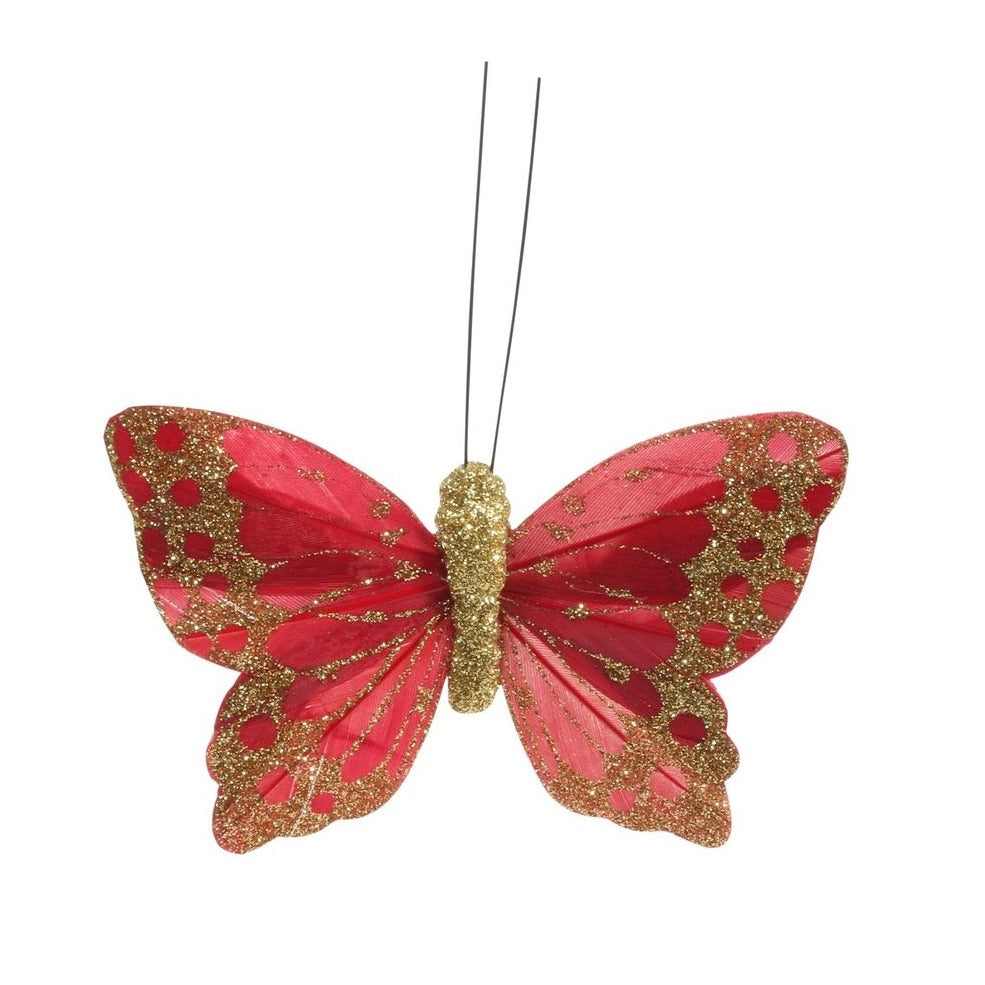 Red/Gold Feather & Glitter Butterfly (Pack of 12)