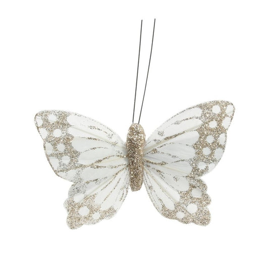 Gold/Ivory Feather & Glitter Butterfly (Pack of 12)