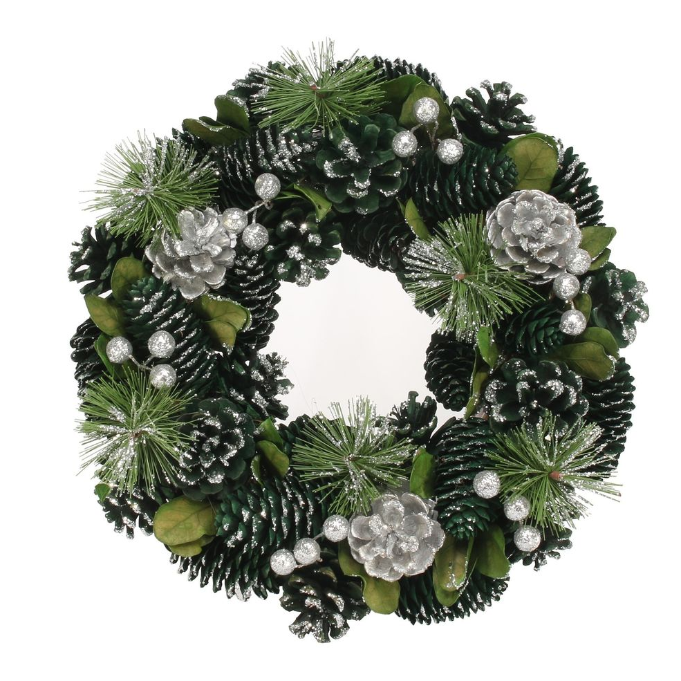 Green & Silver Glitter Pine Cone Wreath 30 cm