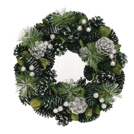 Green & Silver Glitter Pine Cone Wreath 30 cm