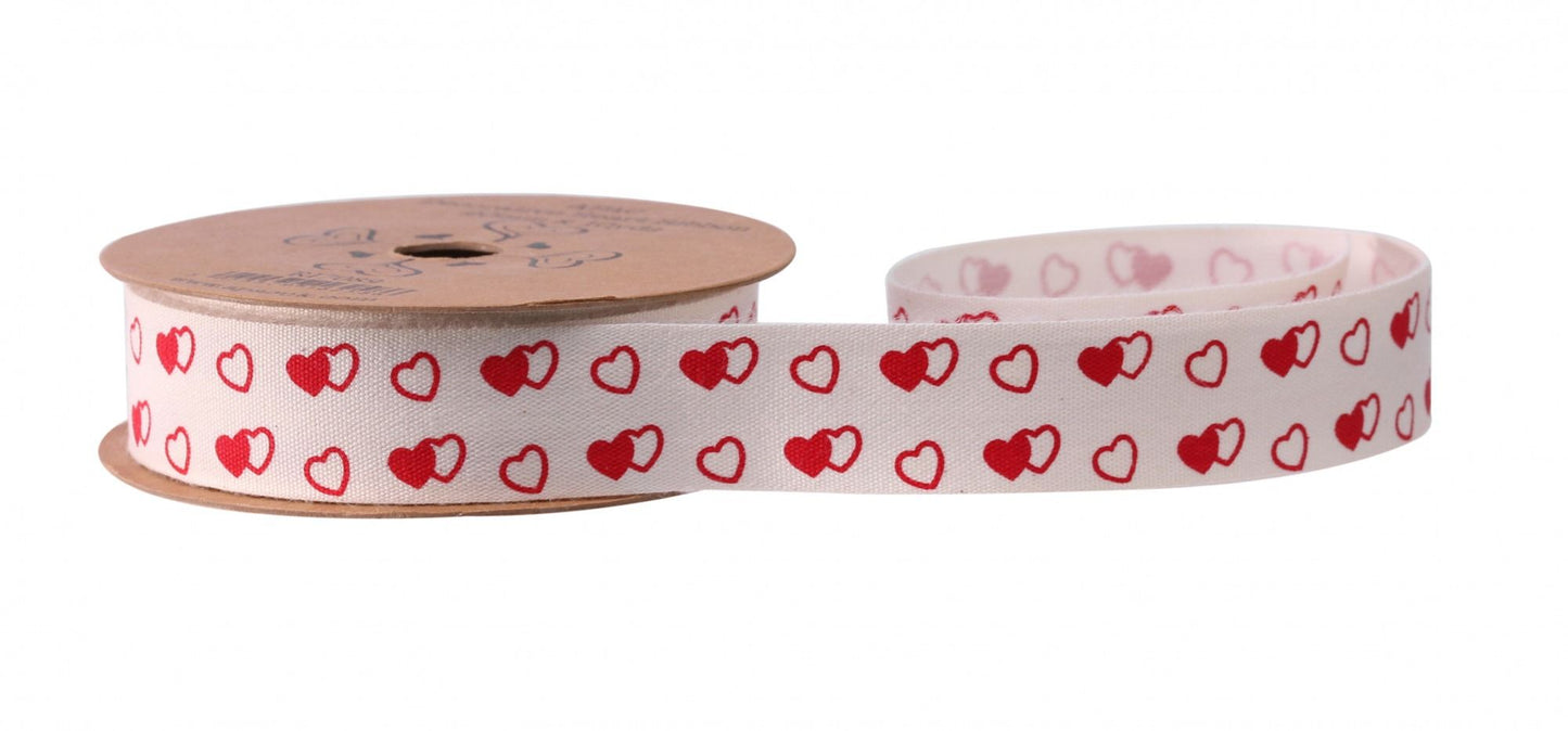 White with Red & White Hearts Ribbon - 20mm x 10yds