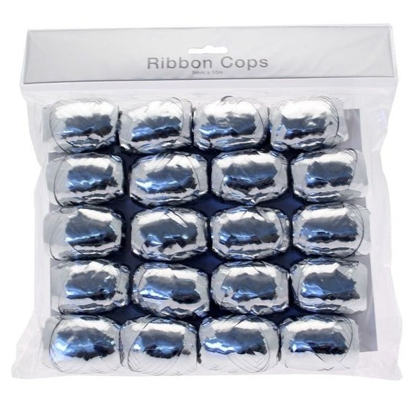 Pack of 20 Metallic Silver Curling Ribbon Cops 15m