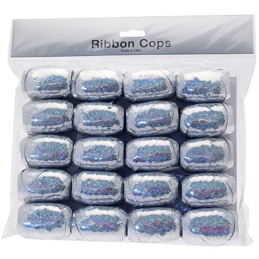 Pack of 20 Holographic Silver Curling Ribbon Cops 15m