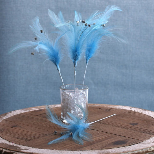 Baby Blue Diamante Feathers (6 Pack)