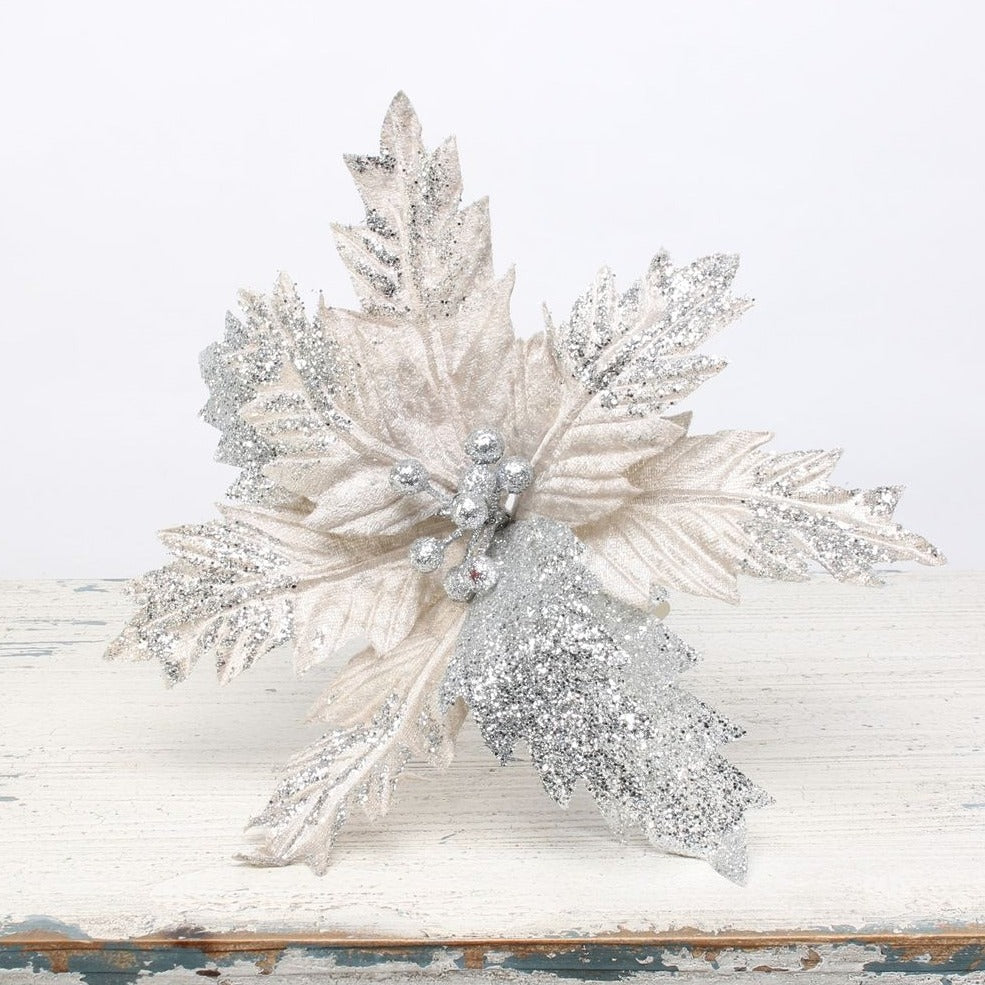 Artificial Medium Silver Poinsettia Pick