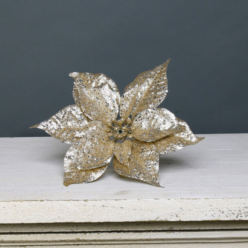 Artificial Gold Glitter Poinsettia Pick