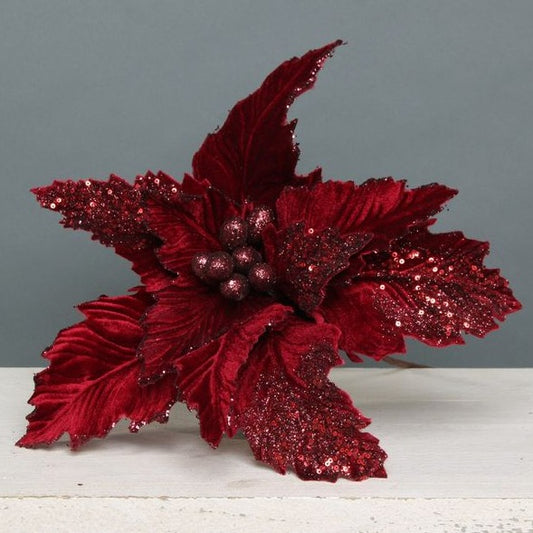 Large Velvet Poinsettia Pick - Burgundy